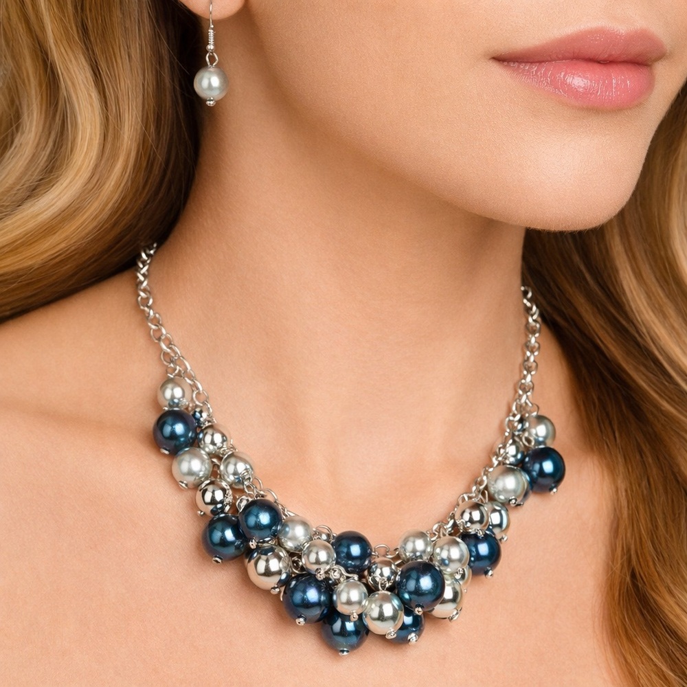 Blue & Silver Beaded Fringe Necklace – Pearl Cluster Statement Collar